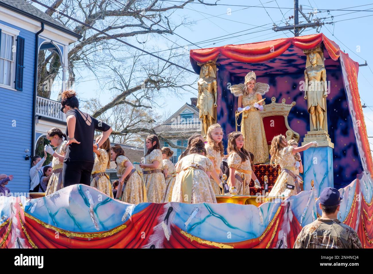 NEW ORLEANS, LA, USA - FEBRUARY 19, 2023: Queen's float with the queen and her maids at the 75th Thoth Mardi Gras Parade on Magazine Street Stock Photo