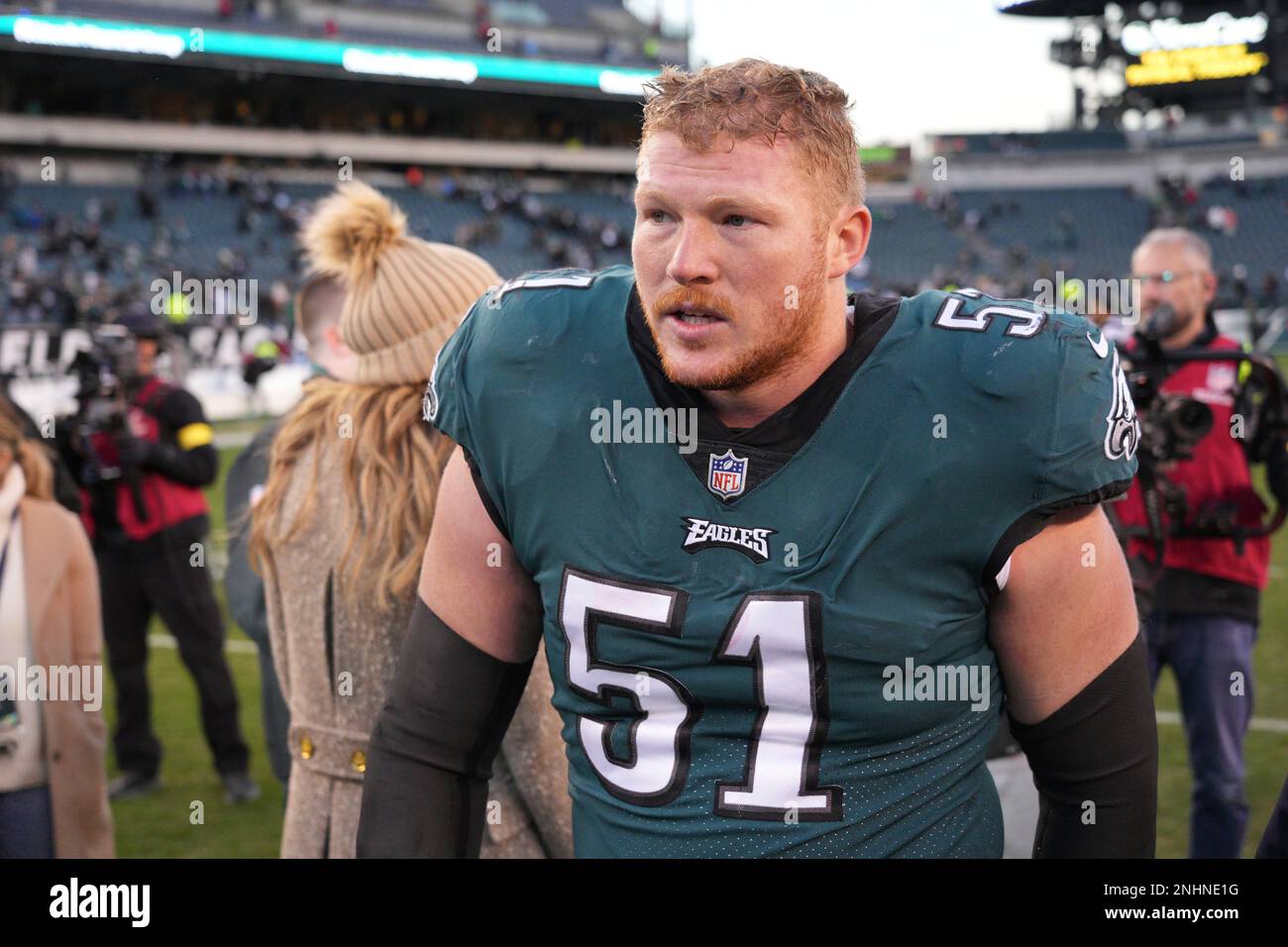 PHILADELPHIA, PA - DECEMBER 04: Philadelphia Eagles center Cam Jurgens (51)  looks on during the game between the Tennessee Titans and the Philadelphia  Eagles on December 4, 2022 at Lincoln Financial Field