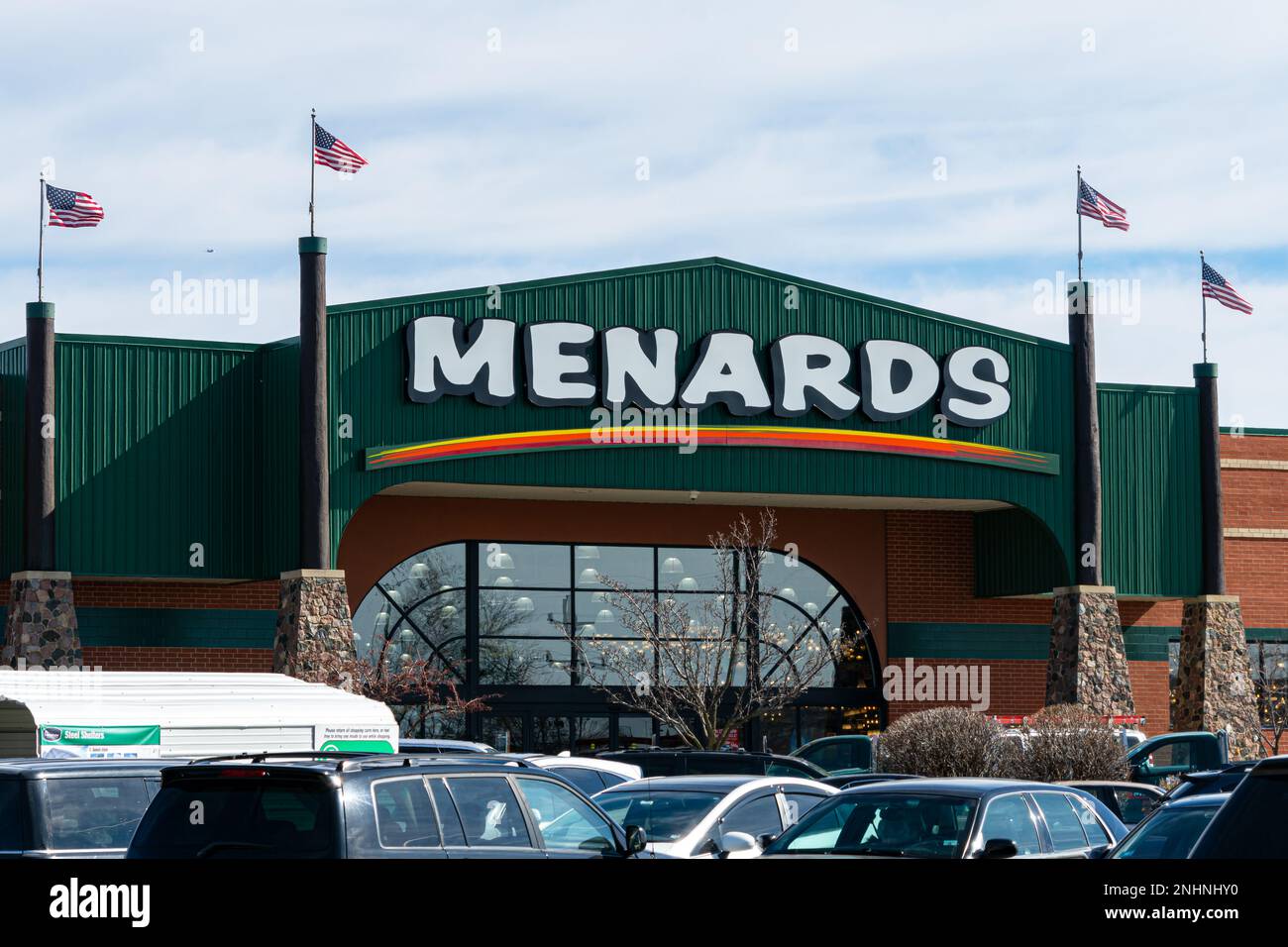 Morton Grove, Illinois, USA - February 21, 2023: Front entrance of Menards, a hardware store in a Chicago suburb. Stock Photo