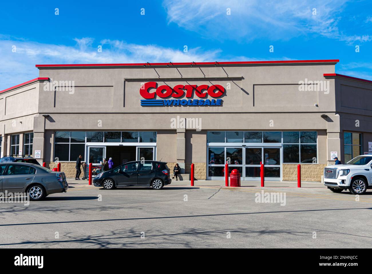 Niles, Illinois, United States - February 21, 2023: Front entrance of a Costco Wholesale store located in a Chicago suburb. Stock Photo
