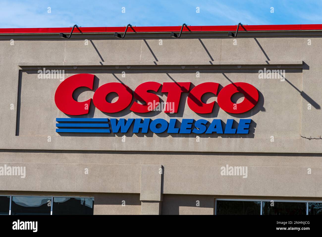 Niles, Illinois, United States - February 21, 2023: Front entrance of a Costco Wholesale store located in a Chicago suburb. Stock Photo