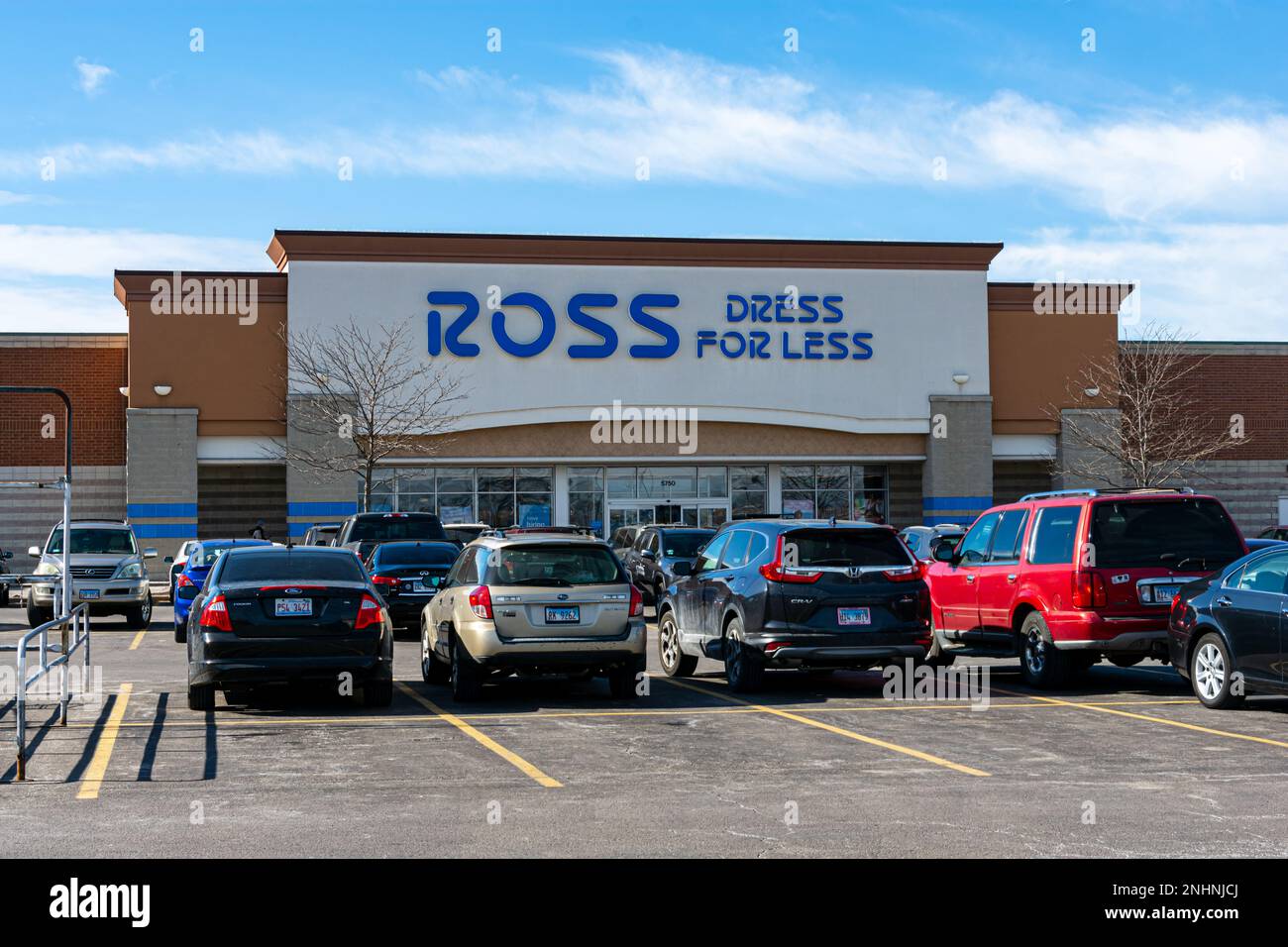 Niles, Illinois, United States - February 21, 2023: Front entrance of a Ross Dress For Less store located in a Chicago suburb. Stock Photo