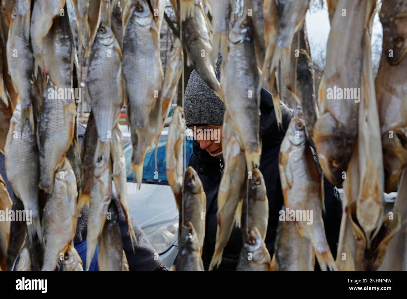 A vendor sells dried fish at a local market in the course of Russia-Ukraine conflict in Mariupol, Russian-controlled Ukraine, February 16, 2023. REUTERS/Alexander Ermochenko Stock Photo