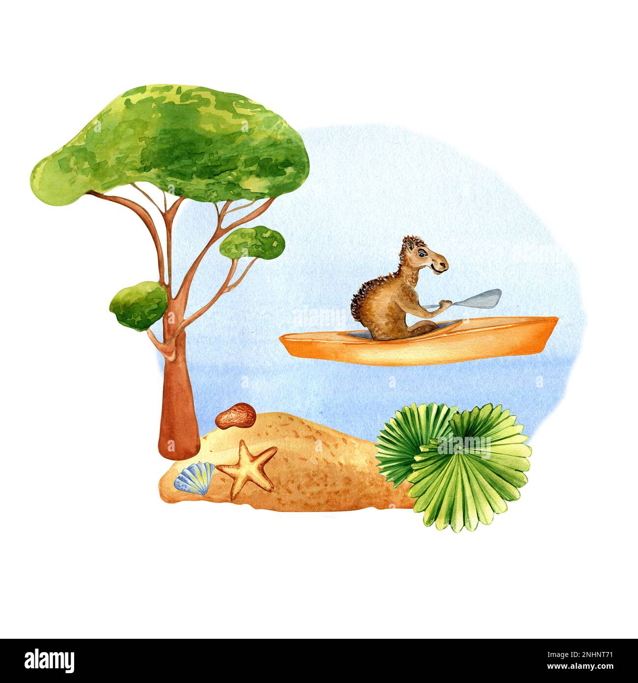 Cartoon camel has water sport watercolor illustration isolated on white. Summer activity kayak, canoe seacoast, seascape hand drawn. Design element fo Stock Photo