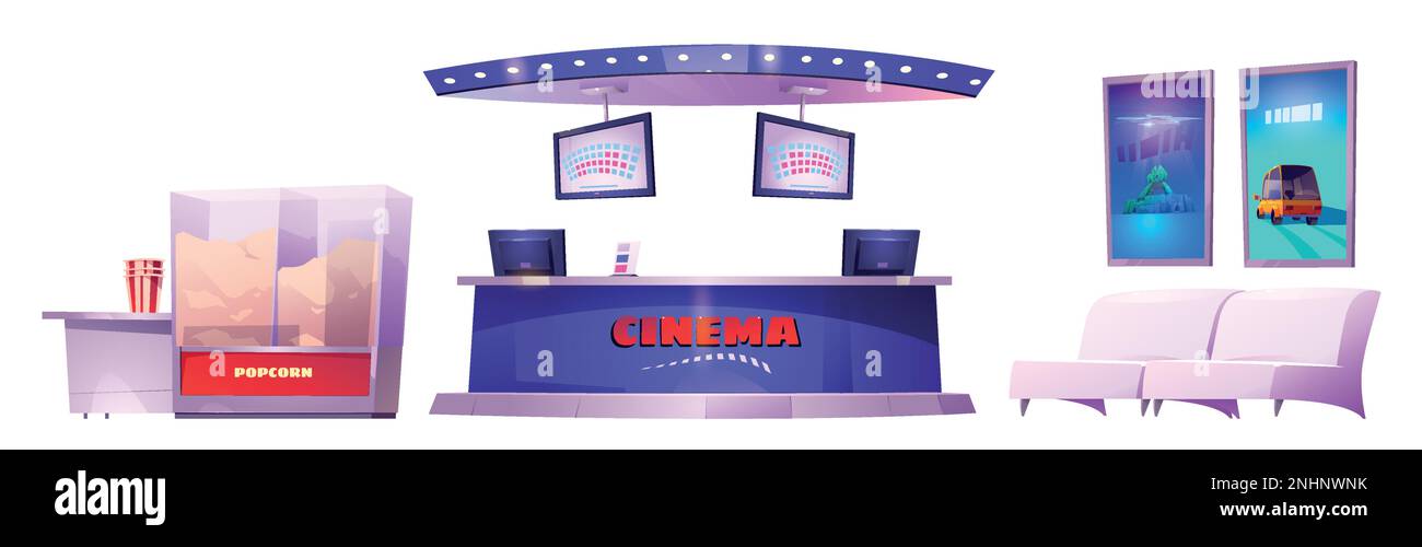 Isolated ticket office and popcorn bar for cartoon modern cinema interior in vector. Movie poster above armchair for lounge area, nobody seating. Pop corn maker machine design illustration for game. Stock Vector
