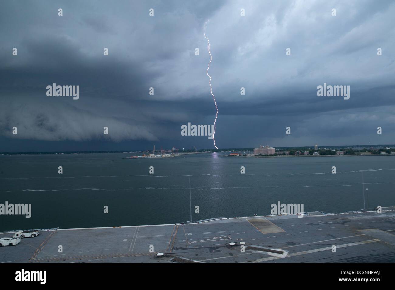 Lightning strikes over Hampton, Virginia, as USS Gerald R. Ford (CVN 78