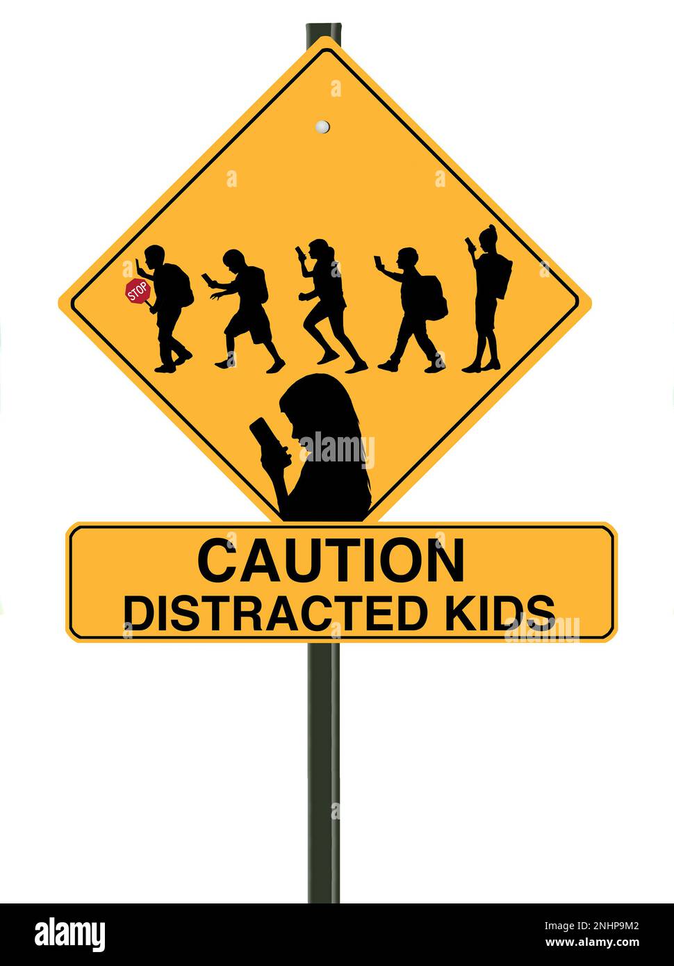 A school crossing sign includes silhouettes of children using cell phones and warns to look out for distracted kids. This is a 3-d  illustration. Stock Photo