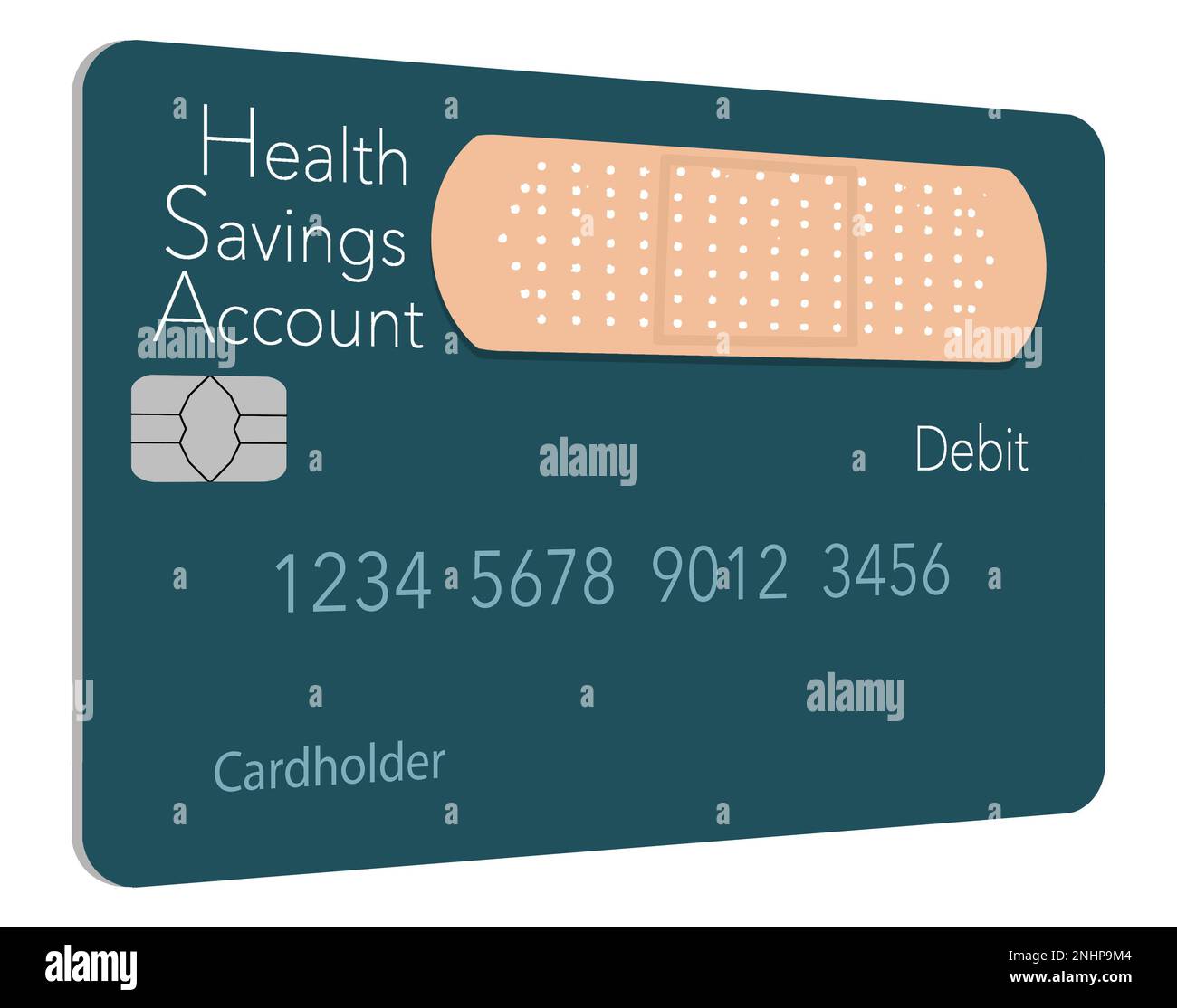 Here is a Health Savings Account medical insurance debit card in a modern design and is decorated with an adhesive bandage to go with the medical spen Stock Photo