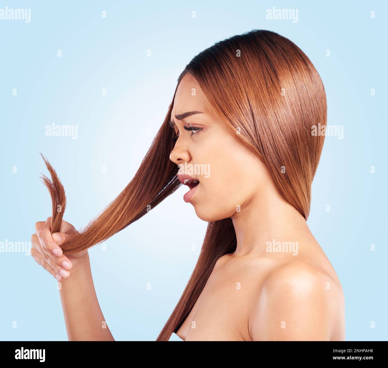 Hair, problem and woman with hair loss in studio for beauty, grooming and haircut on blue background. Damaged, haircare and girl model worried Stock Photo