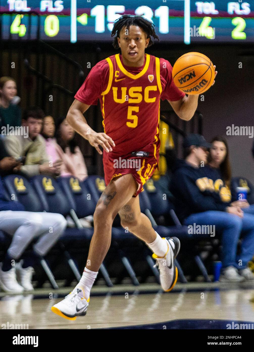 November 30 2022 Berkeley, CA U.S.A. USC guard Boogie Ellis (5)brings the ball up court during