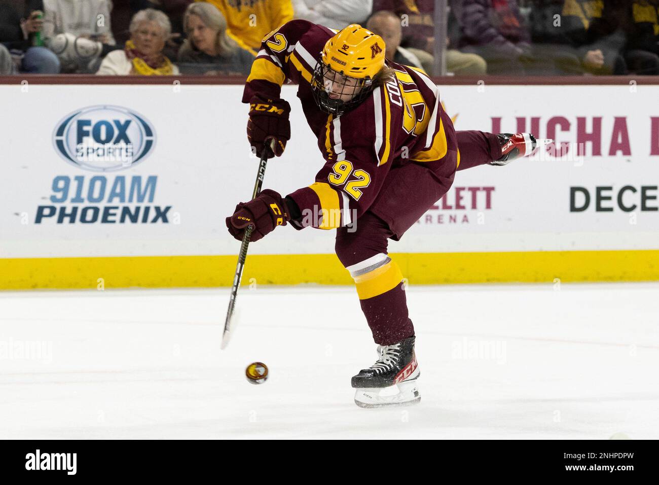 TEMPE, AZ NOVEMBER 26 University of Minnesota Forward Logan Cooley (92) takes a shot during a