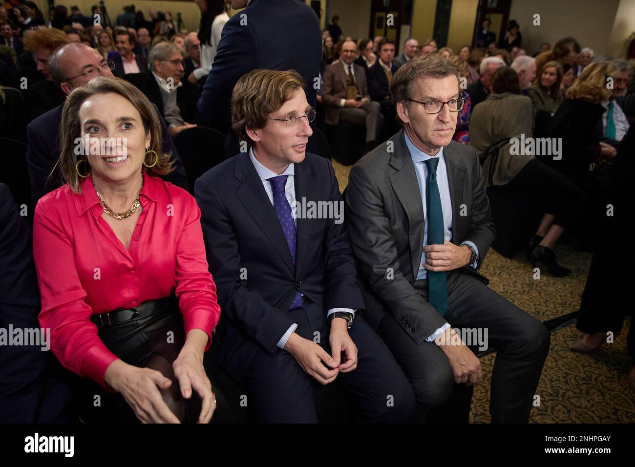 L-R) The secretary general of the Partido Popular, Cuca Gamarra; the mayor  of Madrid, José Luis Martínez-Almeida, and the president of the Partido  Popular, Alberto Núñez Feijóo, at the presentation of the