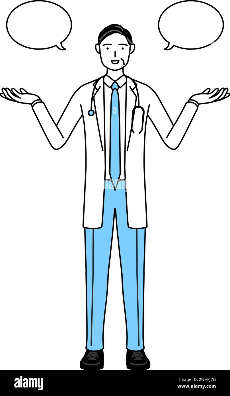 Male doctor in white coats with stethoscopes, senior, middleaged
