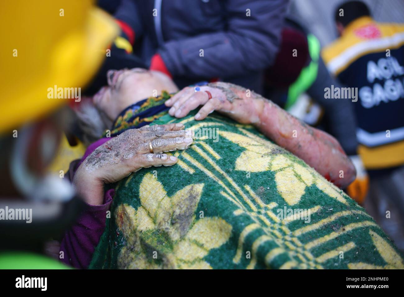 Hatay, Turkey. 10th Feb, 2023. 74-Year-Old Hatice Kaya is rescued at the 117th Hour of the Earthquake. (Photo by Mehmet Malkoç/SOPA Images/Sipa USA) Credit: Sipa USA/Alamy Live News Stock Photo
