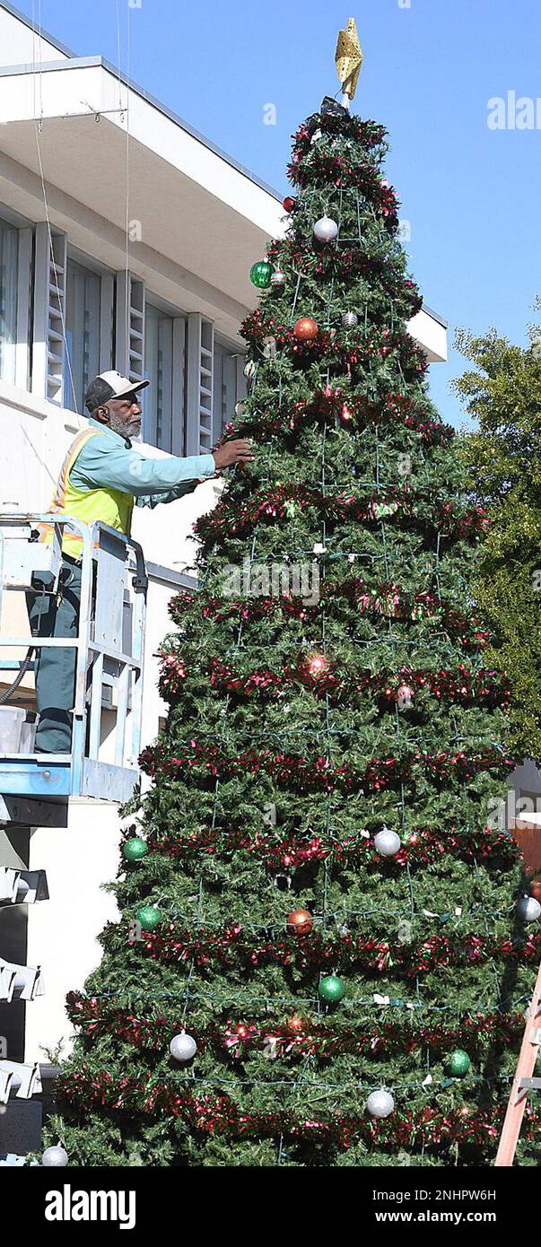 Rod Ford of Yuma, Ariz., Parks and Recreation places an ornament on the