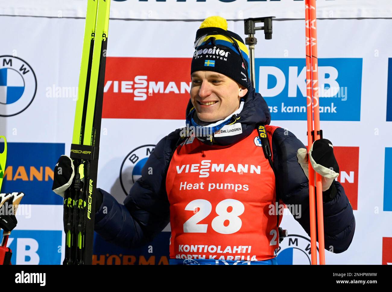 Winner Martin Ponsiluoma of Sweden celebrates on podium after the mens individual 20 km event of the IBU World Cup Biathlon in Kontiolahti, Eastern Finland on Tuesday, Nov