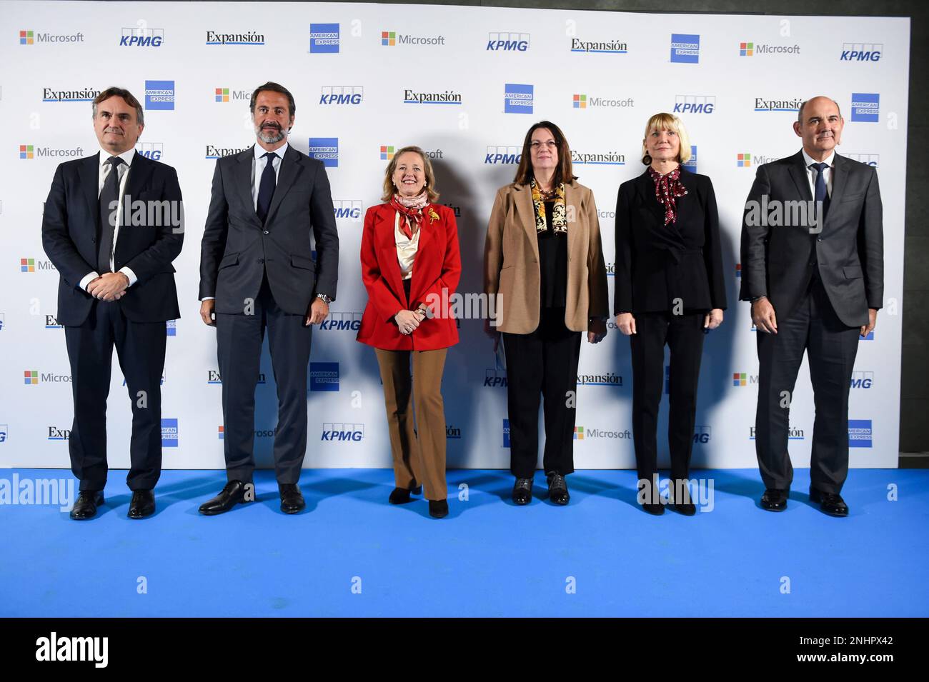 L-R) The Executive Chairman of Unidad Editorial, Marco Pompignoli, the  Chairman of KPMG Spain, Juanjo Cano, the First Vice President and Minister  of Economic Affairs and Digital Transformation, Nadia Calviño, the Director
