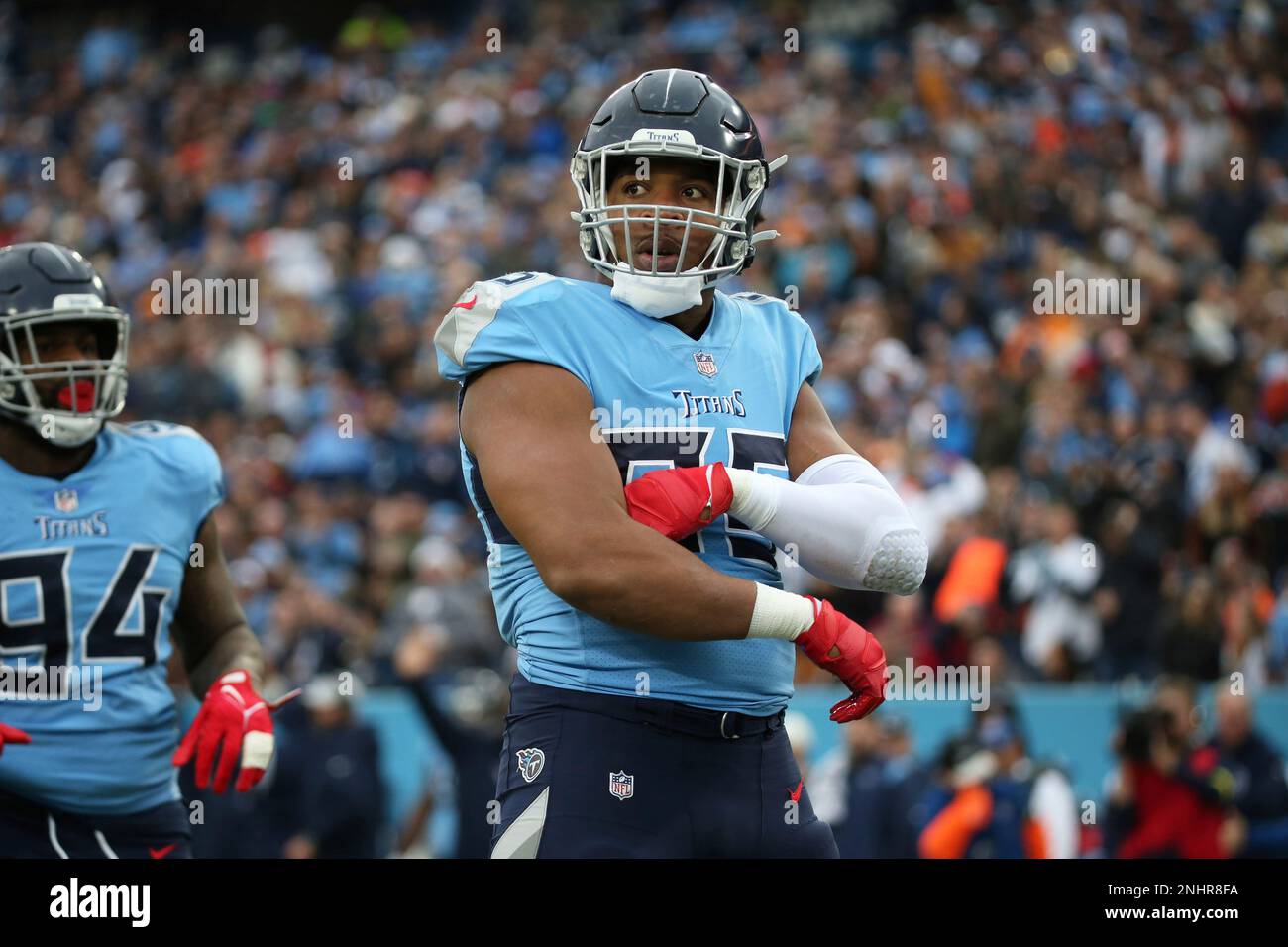 NASHVILLE, TN - NOVEMBER 27: Tennessee Titans defensive end DeMarcus Walker  (95) celebrates a tackle during a game between the Tennessee Titans and  Cincinnati Bengals, November 27, 2022 at Nissan Stadium in