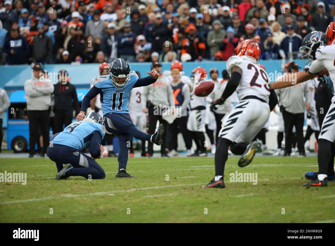 NASHVILLE, TN - NOVEMBER 27: Tennessee Titans place kicker Caleb Shudak (11)  connects on a field goal in the second half during a game between the  Tennessee Titans and Cincinnati Bengals, November