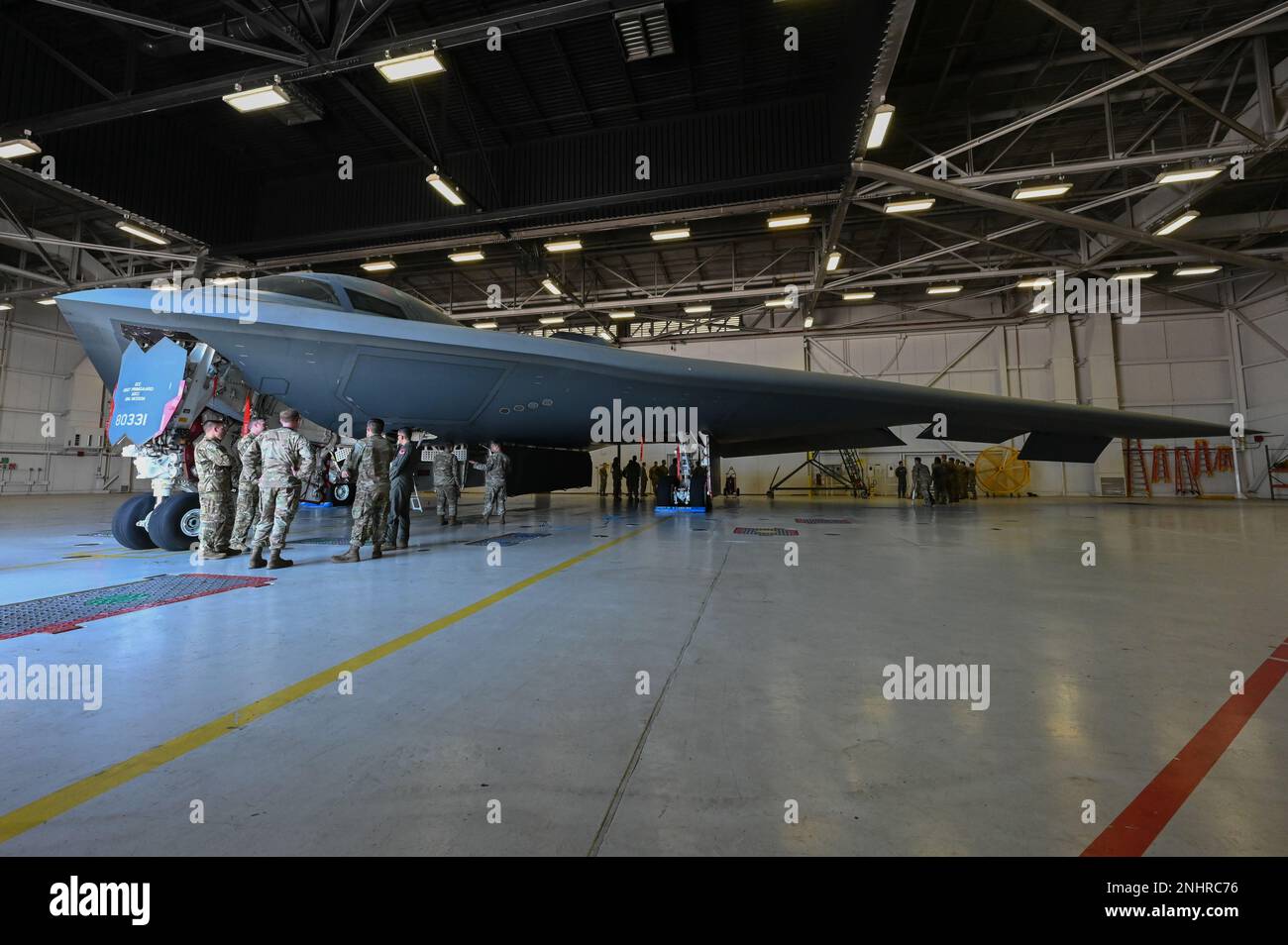 Airmen assigned to Whiteman Air Force Base tour a B2 Spirit hangar at