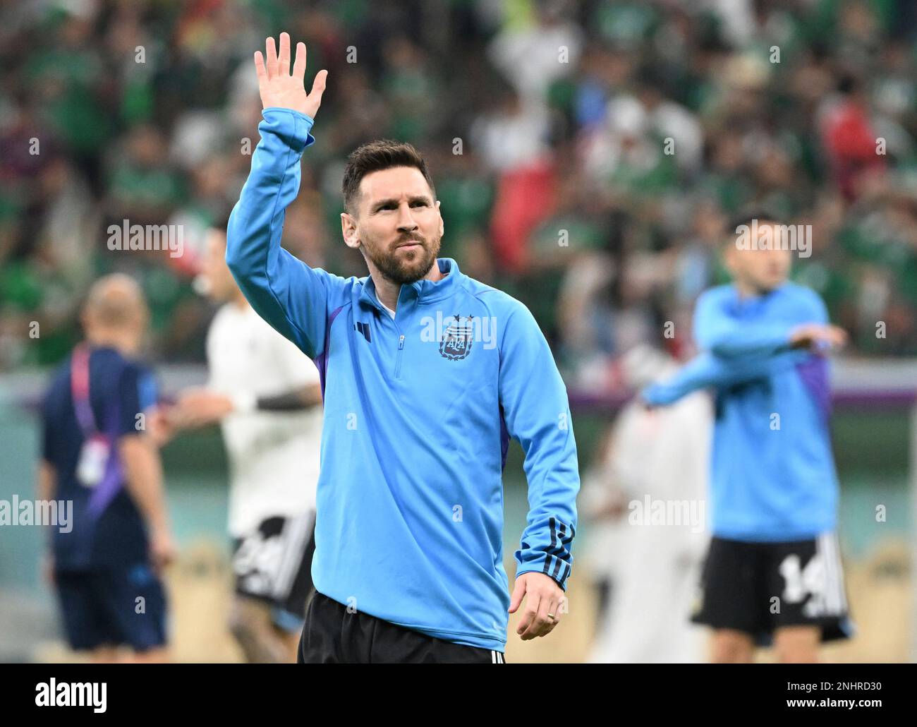 Lionel MESSI of Argentina waves his hand ahead of the FIFA World Cup ...