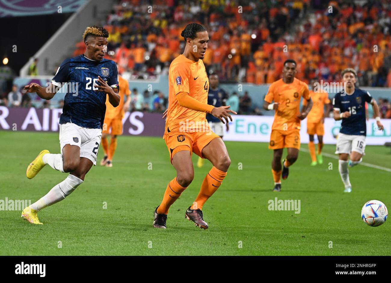 Ecuador's Kevin RODRIGUEZ and Netherlands' Virgil VAN DIJK struggle to