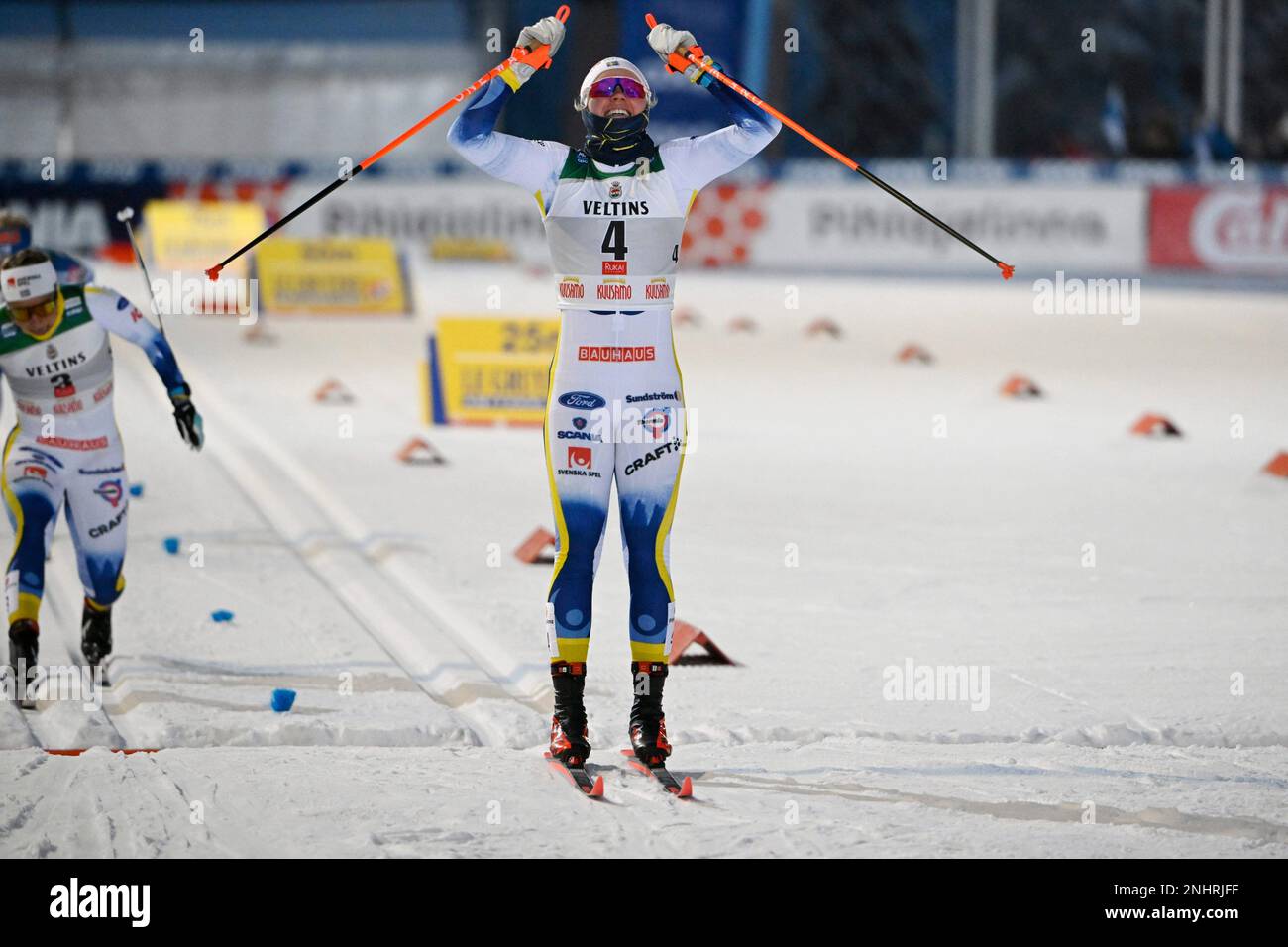 Emma Ribom of Sweden celebrates her victory in the womens cross-country skiing classic style sprint finals, at the Cross-Country Skiing World Cup Ruka Nordic Opening event at the Ruka ski resort, in