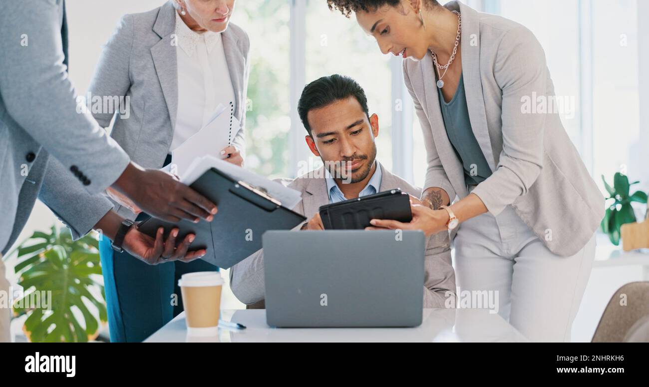 Businessman, multitasking and time management with leadership in work project, documents and tablet for signature. Manager, business people and Stock Photo