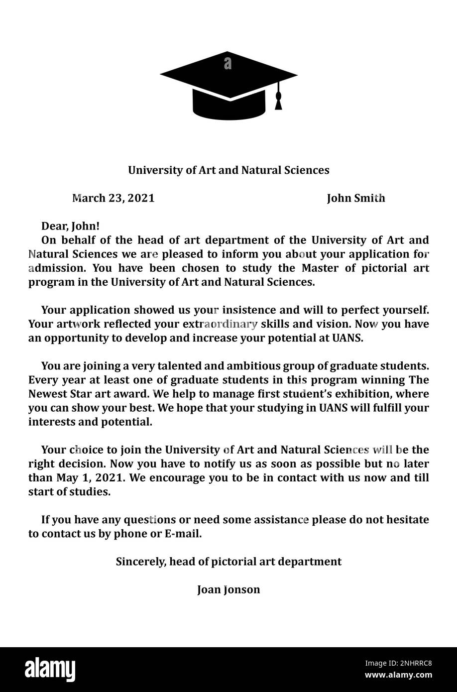 University acceptance letter to prospective student, illustration Stock Photo