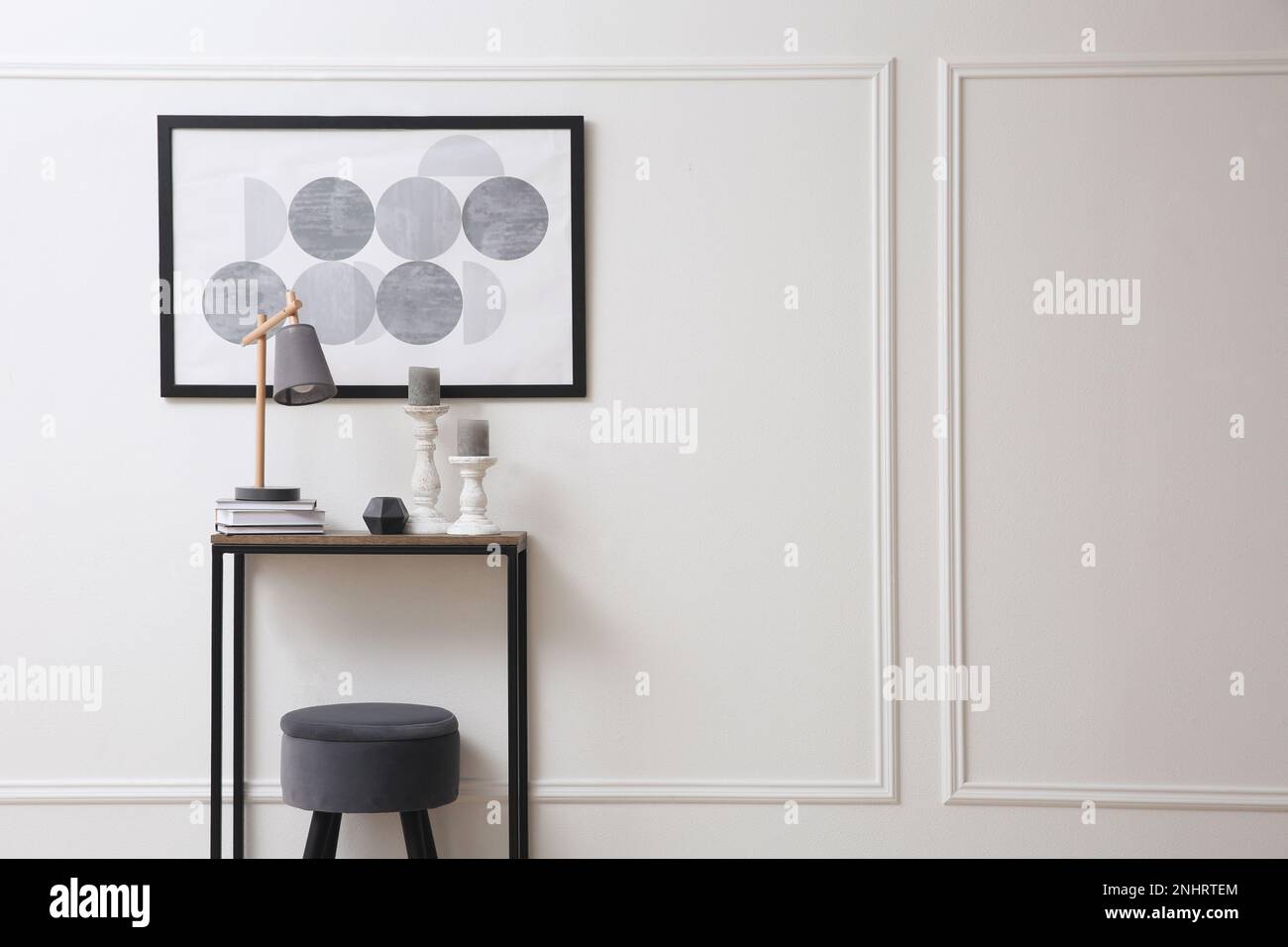 Hallway with stylish console table and picture. Interior design Stock ...