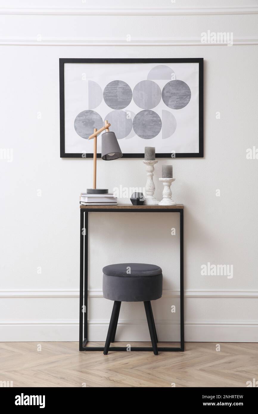 Hallway with stylish console table and picture. Interior design Stock ...