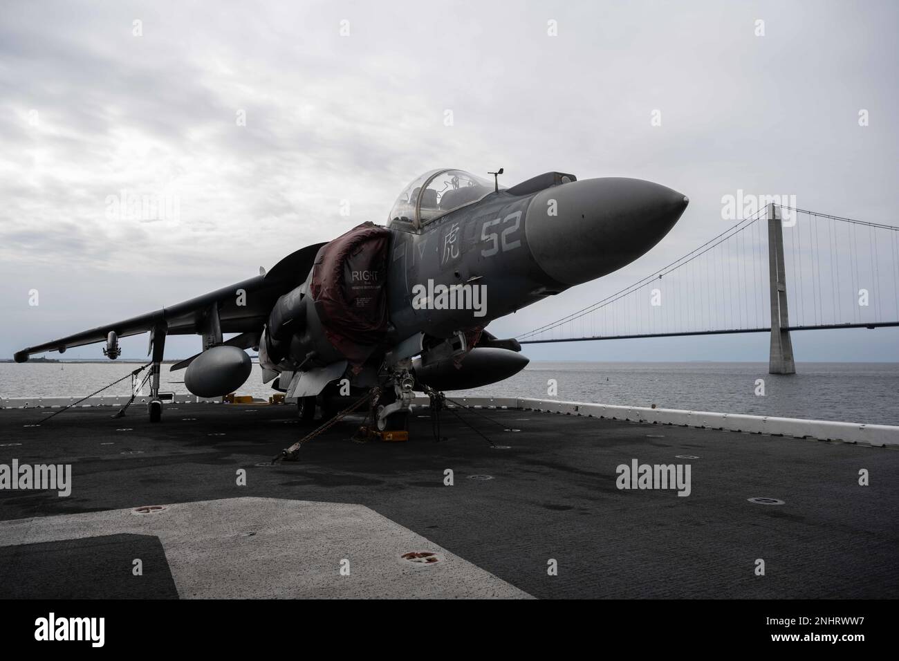 220802-N-MZ836-1177 DANISH STRAITS (Aug. 2, 2022) An AV-8B Harrier, attached to the 22nd Marine Expeditionary Unit, sits on the flight deck of the Wasp-class amphibious assault ship USS Kearsarge (LHD 3) as the ship transits the Danish Straits to enter the Baltic Sea, Aug. 2, 2022. The Kearsarge Amphibious Ready Group and embarked 22nd Marine Expeditionary Unit, under the command and control of Task Force 61/2, is on a scheduled deployment in the U.S. Naval Forces Europe area of operations, employed by U.S. Sixth Fleet to defend U.S., allied and partner interests. Stock Photo