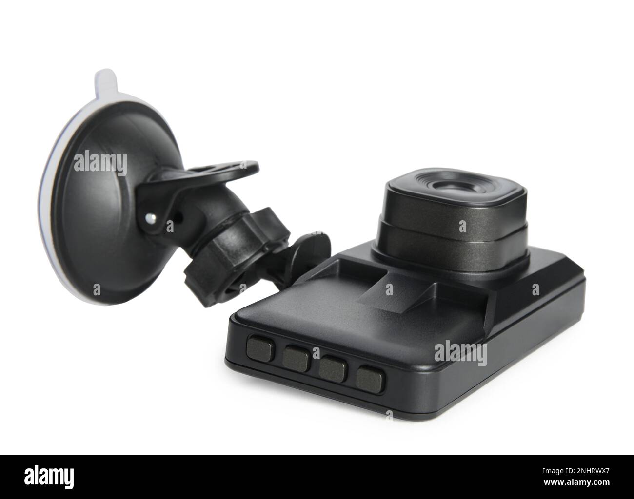 Modern car dashboard camera with suction mount isolated on white Stock