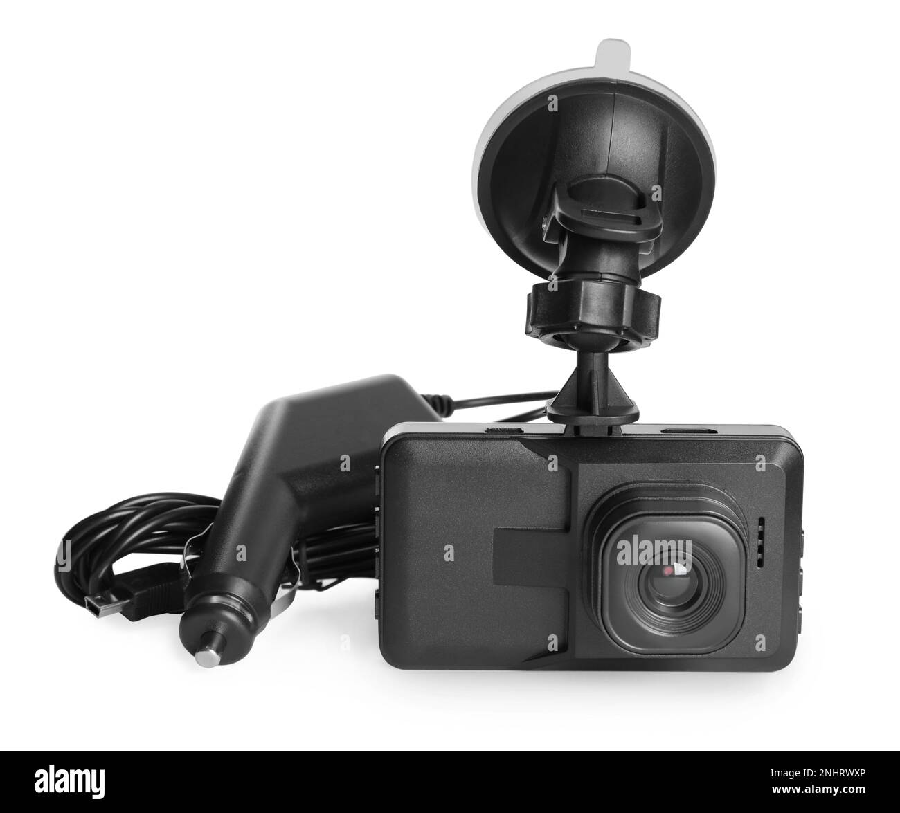 Modern car dashboard camera with suction mount and charger on white