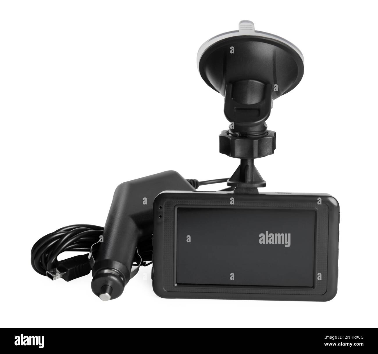 Modern car dashboard camera with suction mount and charger on white
