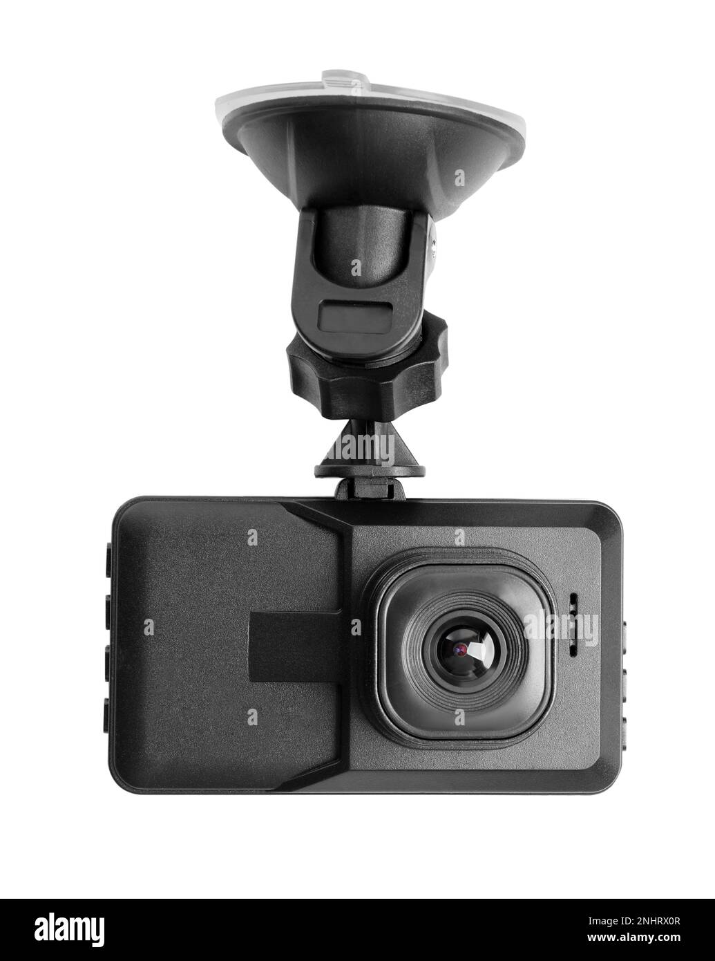 Modern car dashboard camera with suction mount isolated on white Stock