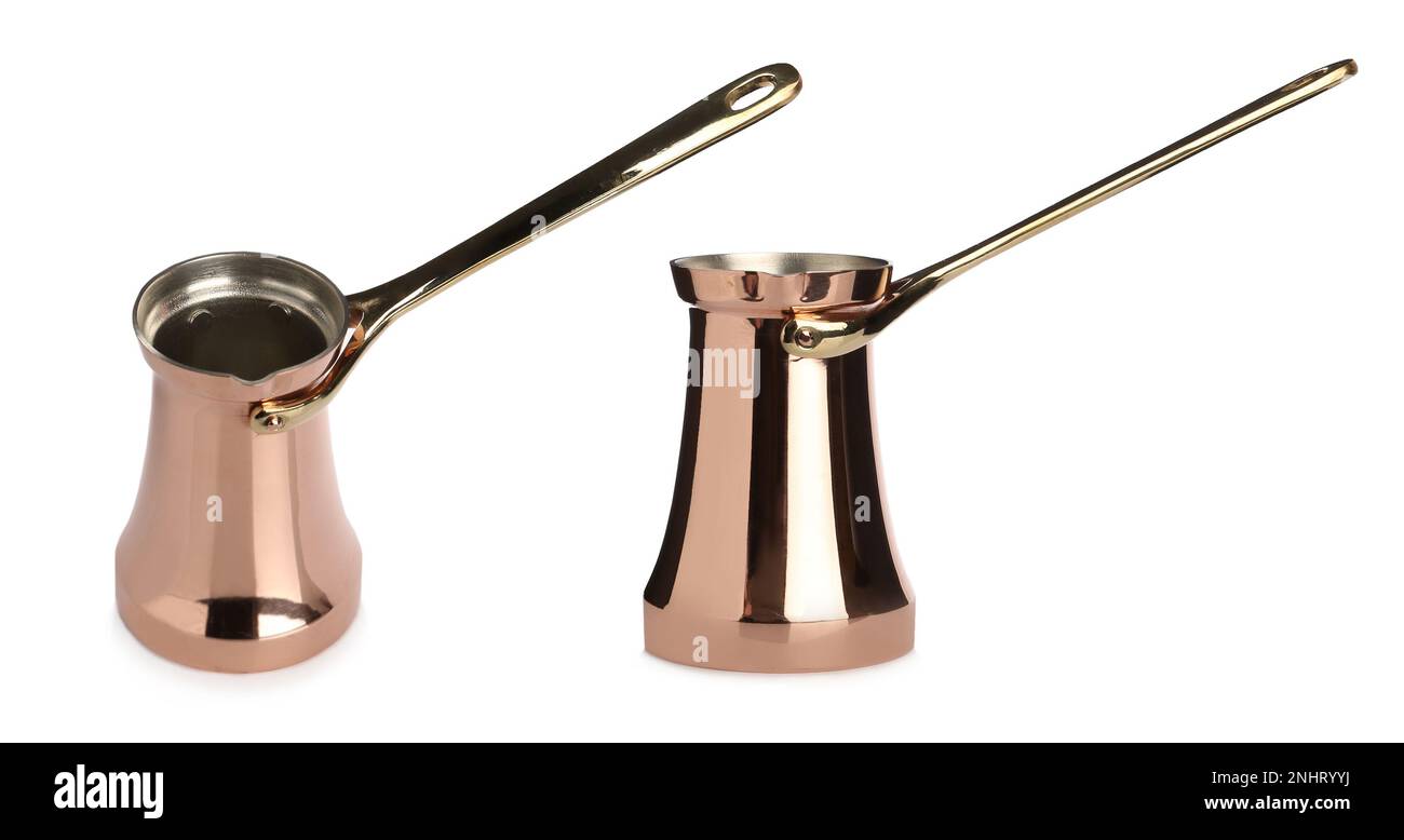 Beautiful copper turkish coffee pots on white background, collage Stock