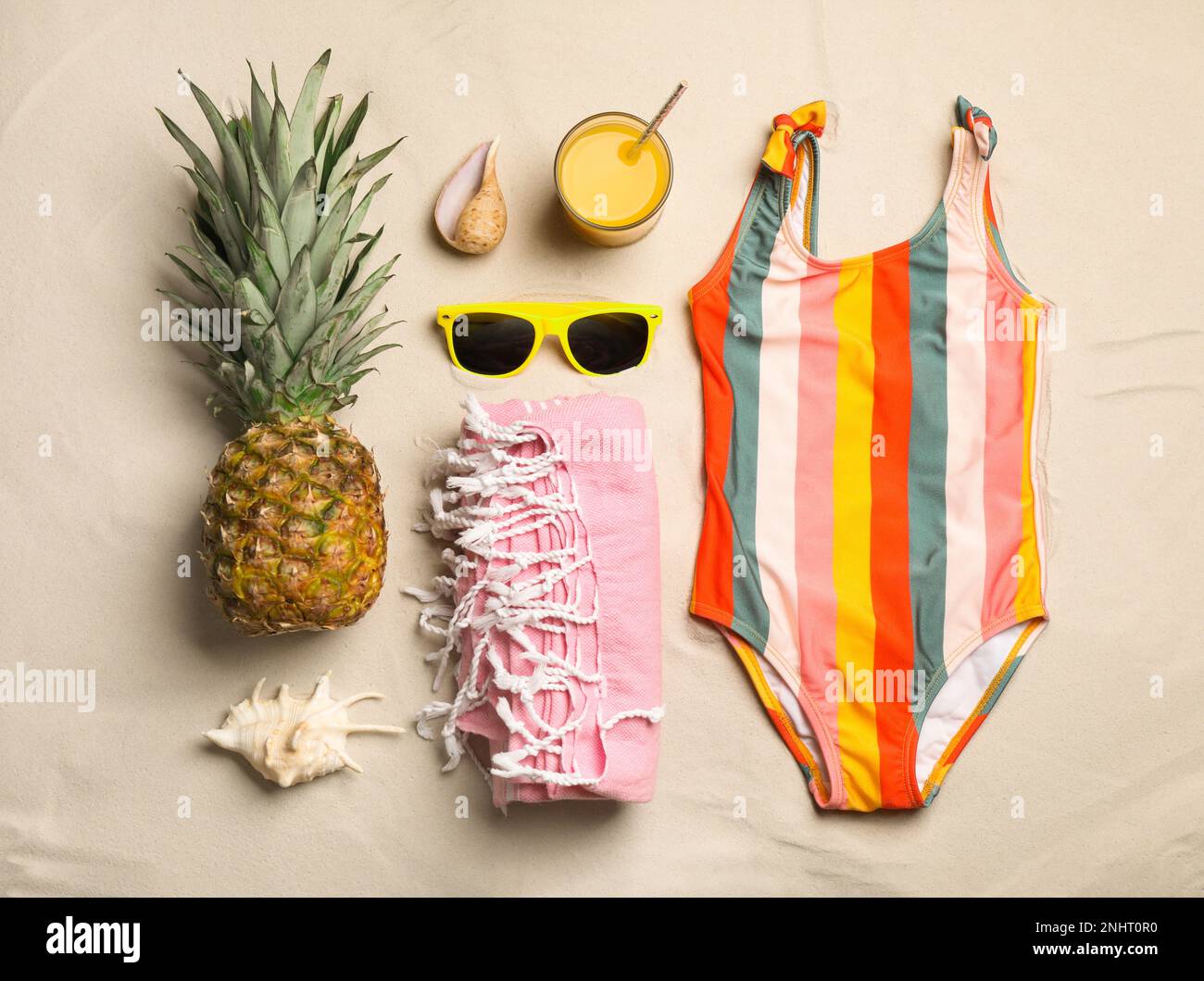 Flat lay composition with beach objects on sand Stock Photo