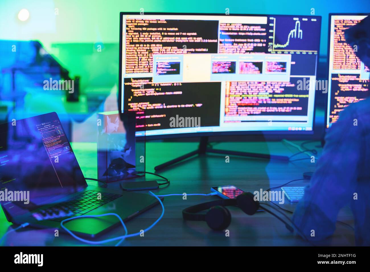 Developer, code or computer screen in neon programming, cybersecurity ransomware or SEO night phishing in basement. Hacker, programmer or woman on Stock Photo