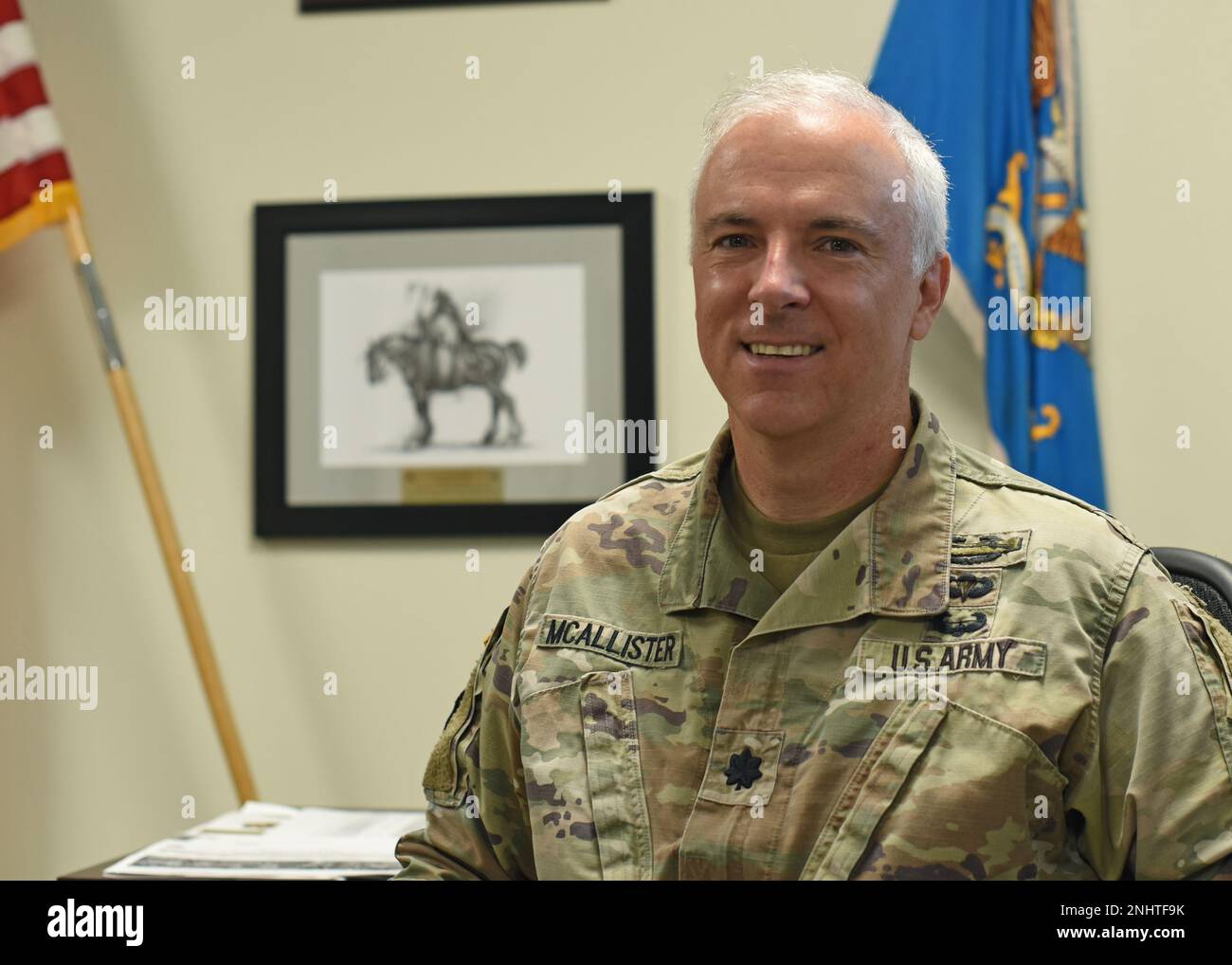 U.S. Army Lt. Col. John McAllister, 344th Military Intelligence Battalion commander, poses for a photo at his desk, Goodfellow Air Force Base, Texas, August 2, 2022. McAllister assumed command of the 344th MI BN on June 21. Stock Photo