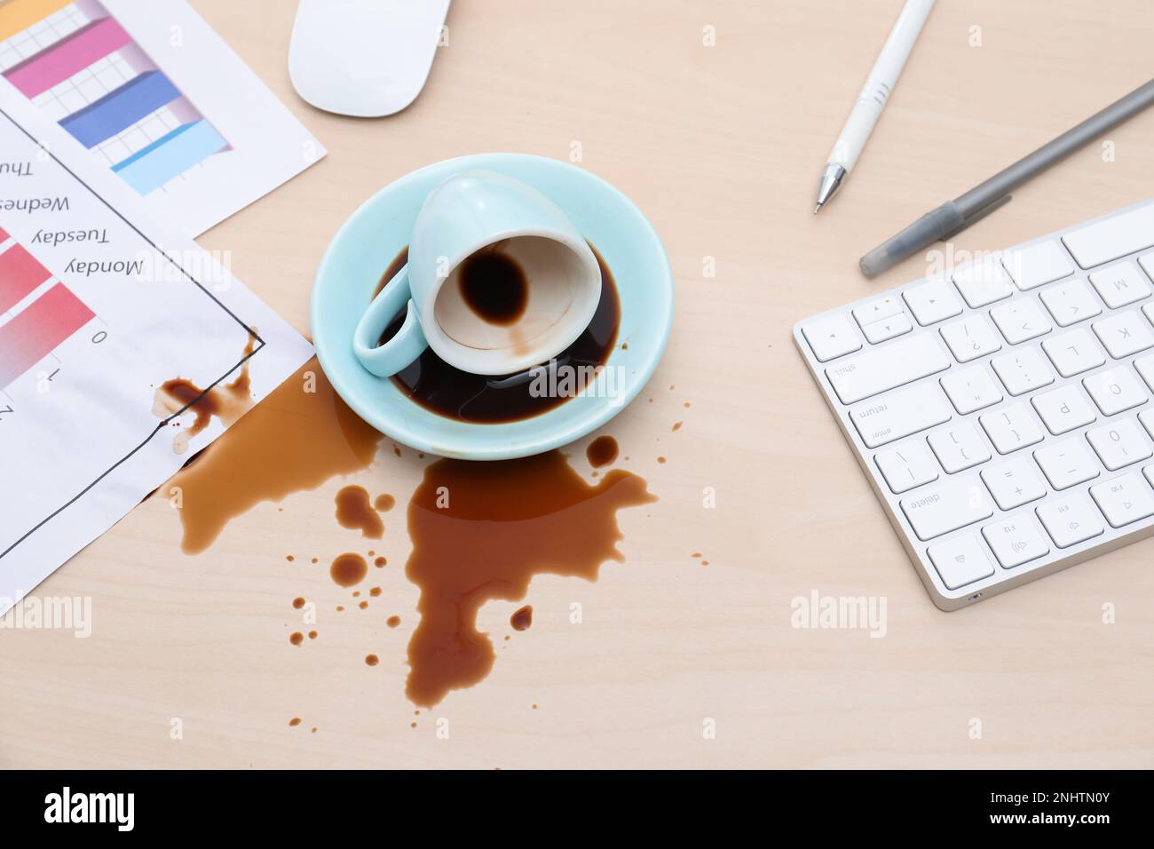 Cup with saucer and coffee spill on wooden office desk, above view