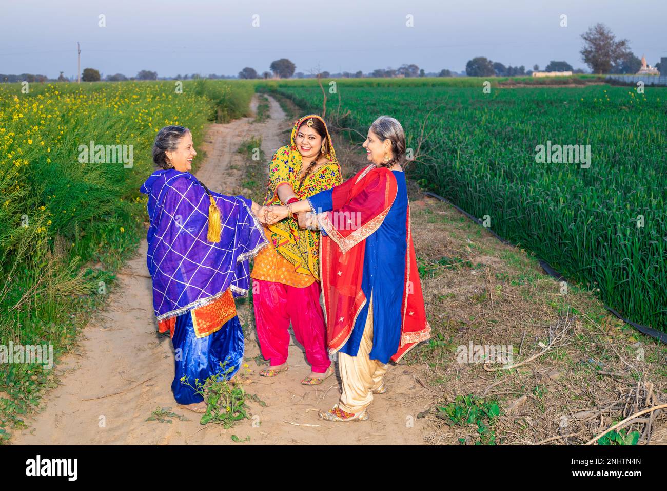 Group Of Punjabi Women Wearing Colorful Traditional Dress Dancing 