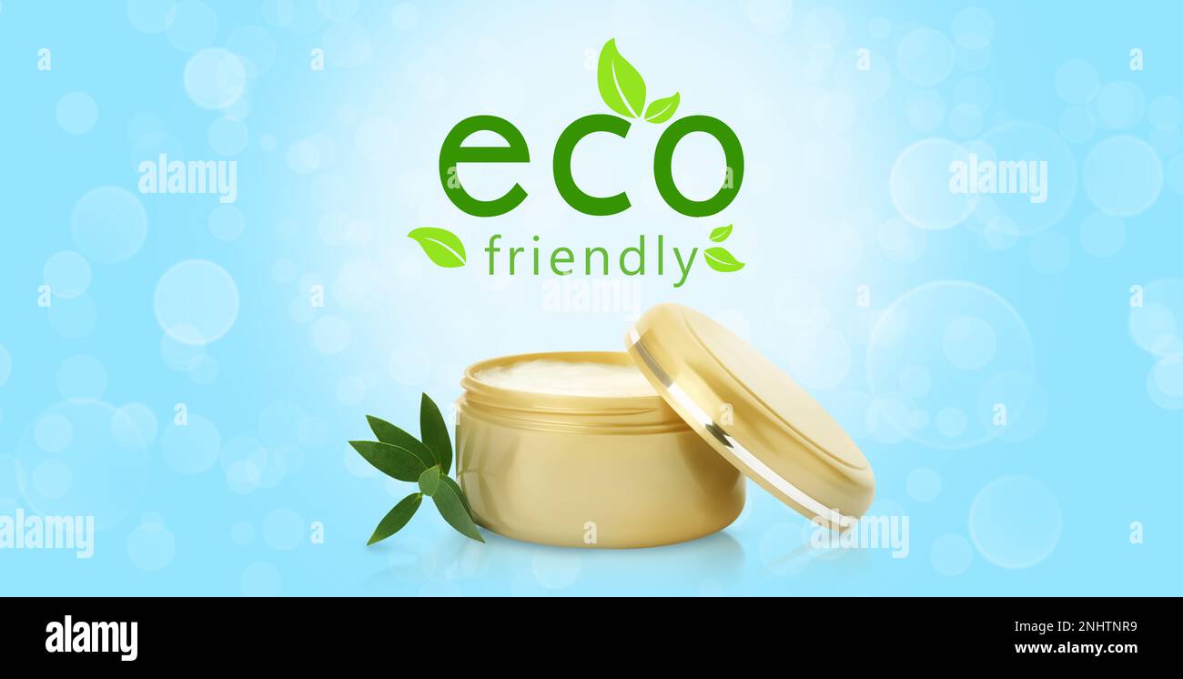 Organic eco friendly cosmetic product on light blue background, banner ...