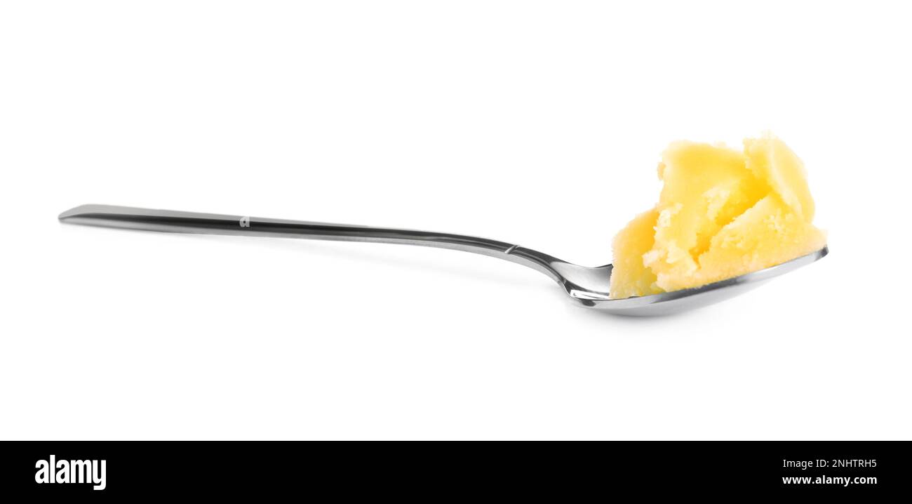 Spoon of Ghee butter isolated on white Stock Photo Alamy