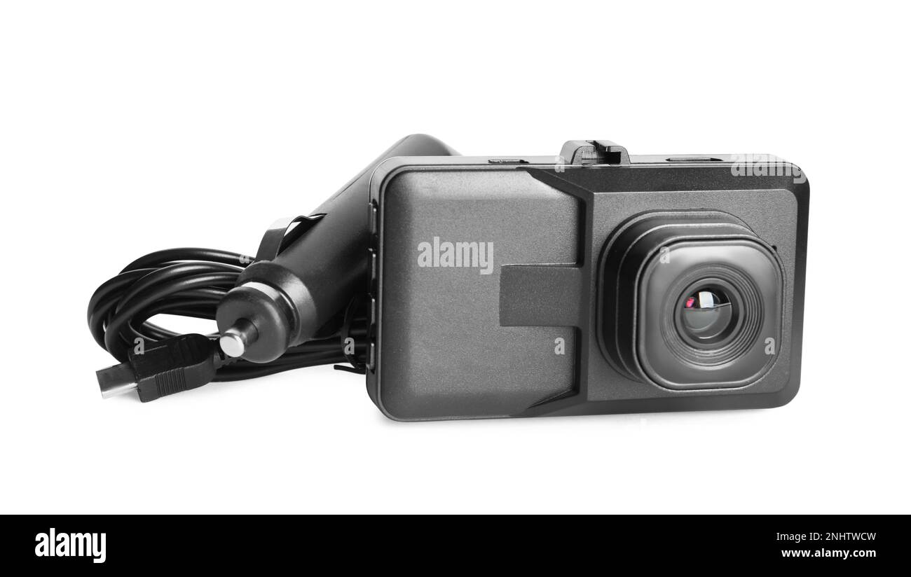 Modern car dashboard camera with charger on white background Stock