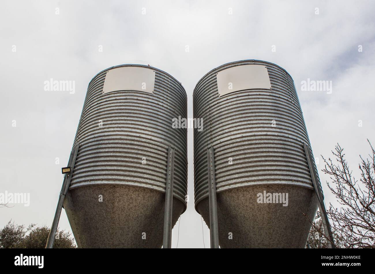 Animal feed silos. Zinc-coated storage for animal husbandry Stock Photo