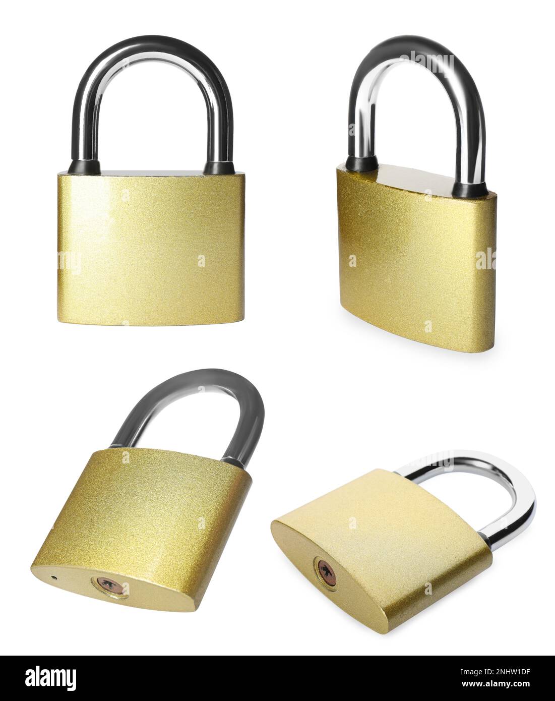 Set with metal padlocks on white background Stock Photo