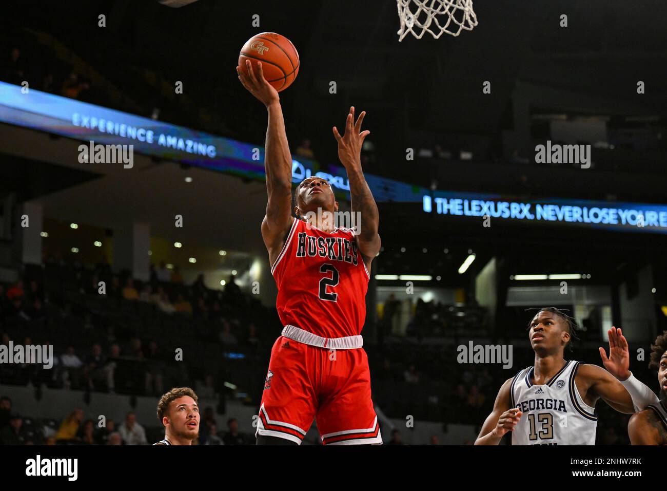 ATLANTA, GA – NOVEMBER 17: Northern Illinois guard Zarique Nutter (2)  drives to the basket during the college basketball game between the  Northern Illinois Huskies and the Georgia Tech Yellow Jackets on