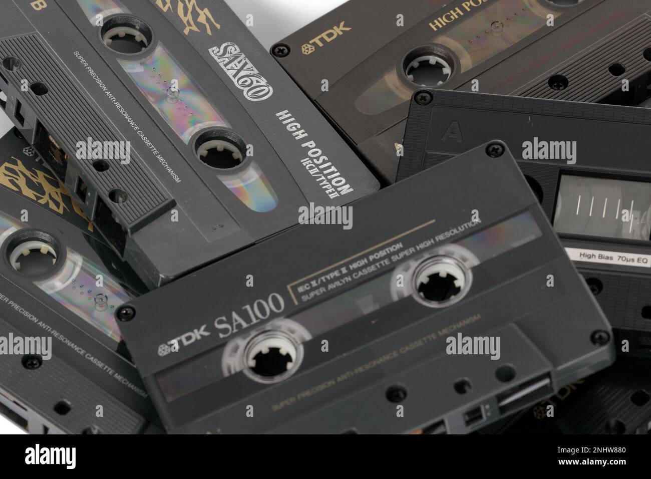 Poznan, Poland - July 11, 2022 Pile old cassette tapes on a table.Top view close up photography. Stock Photo