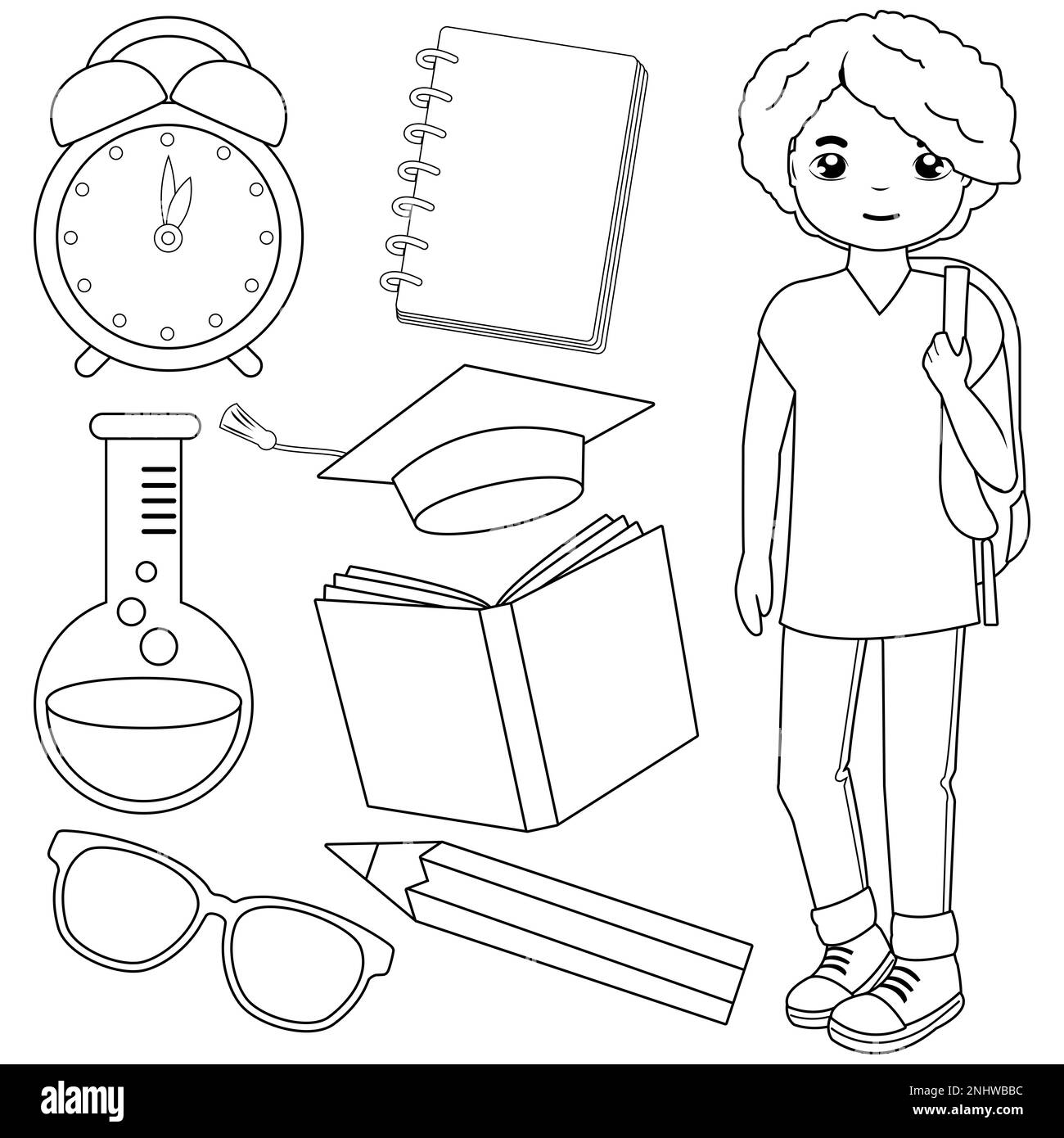 Student boy and set of school objects. Black and white coloring page Stock Photo